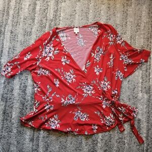 Kaileigh Red Floral Wrap Vneck Blouse, Size XXL